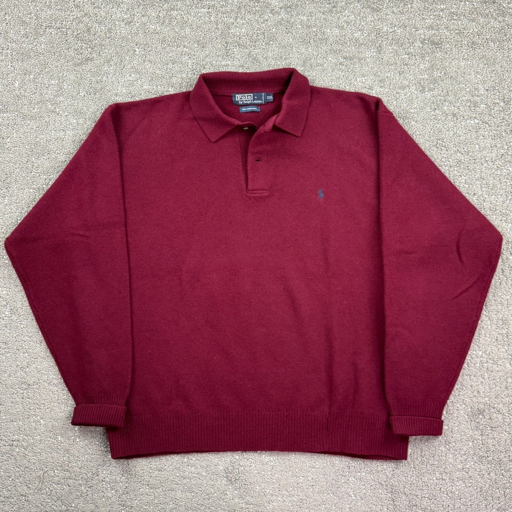 VTG Polo Ralph Lauren Mens XXL Lambswool Knit Polo Collar Sweater Burgundy Flaw